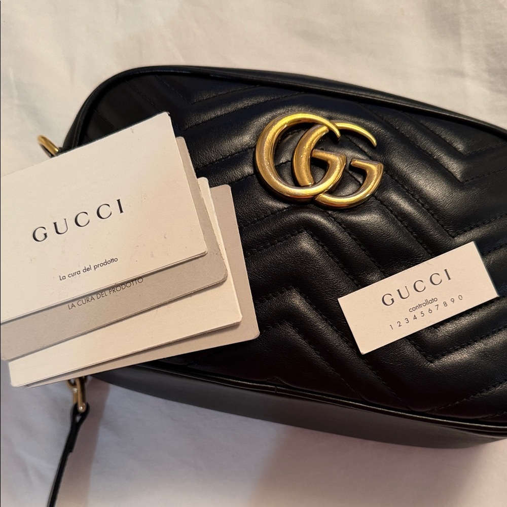 Gucci Black Quilted Leather Camera Bag with Gold GG